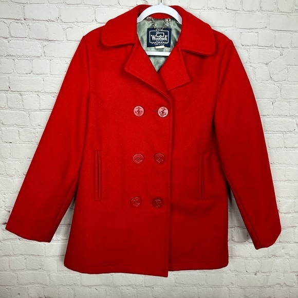Woolrich Pea Coat Jacket Womens 10 Large Red Thick Wool VTG USA Classic - Picture 1 of 8
